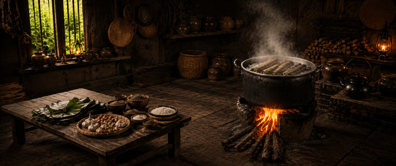 Không gian bếp lửa truyền thống làm giò chả Luyến Vũ