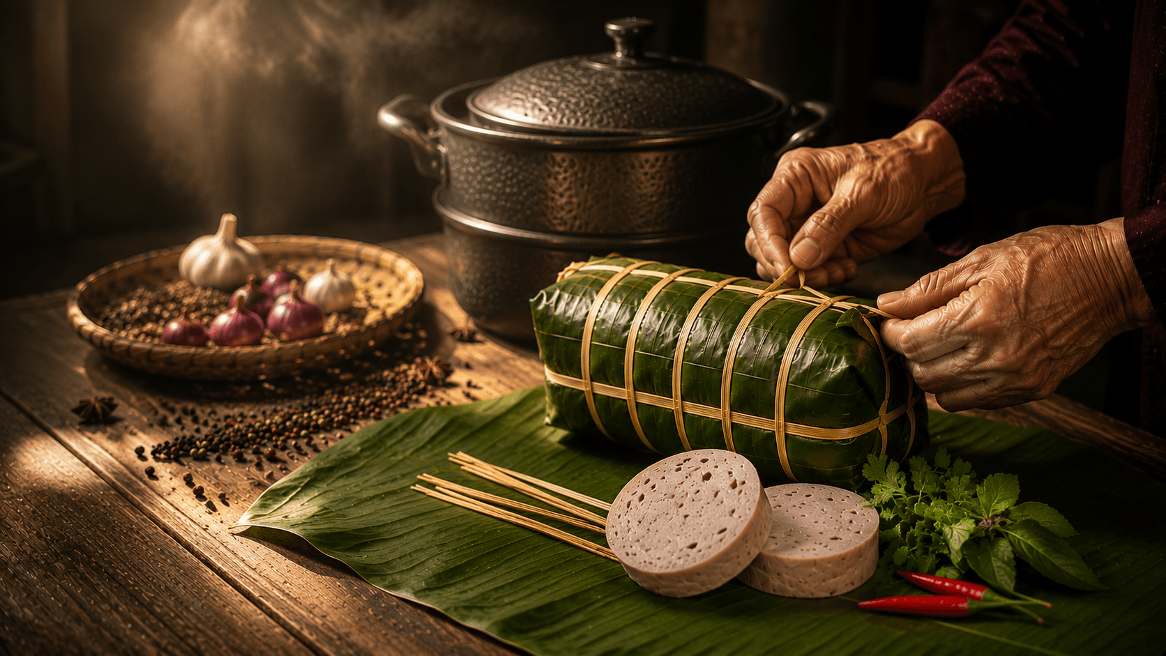 Bàn tay gói giò chả lá chuối - Giò Chả Luyến Vũ